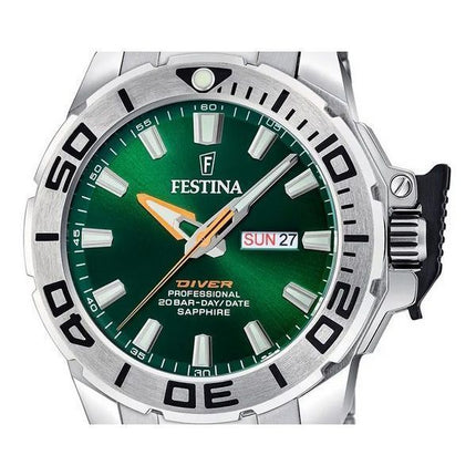 Festina Diver Edelstahl grünes Zifferblatt Quarz F20665-2 200M Herrenuhr mit zusätzlichem Armband