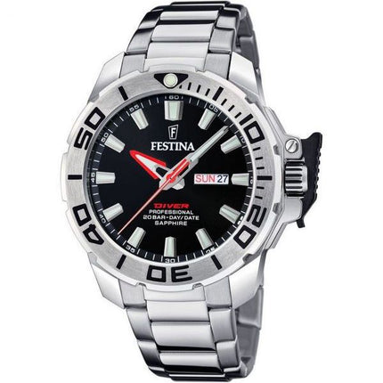 Festina Diver Edelstahl schwarzes Zifferblatt Quarz F20665-4 200M Herrenuhr