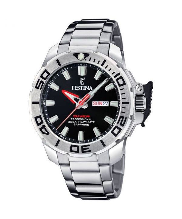 Festina Diver Edelstahl schwarzes Zifferblatt Quarz F20665-4 200M Herrenuhr