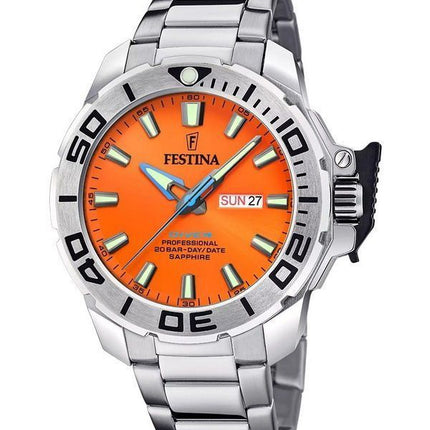 Festina The Originals Edelstahl orangefarbenes Zifferblatt Quarz Taucheruhr F20665-5 200M Herrenuhr