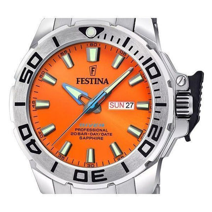 Festina The Originals Edelstahl orangefarbenes Zifferblatt Quarz Taucheruhr F20665-5 200M Herrenuhr