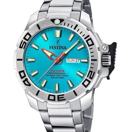 Festina Diver Edelstahl Türkis Zifferblatt Quarz F20665-6 200M Herrenuhr mit zusätzlichem Armband