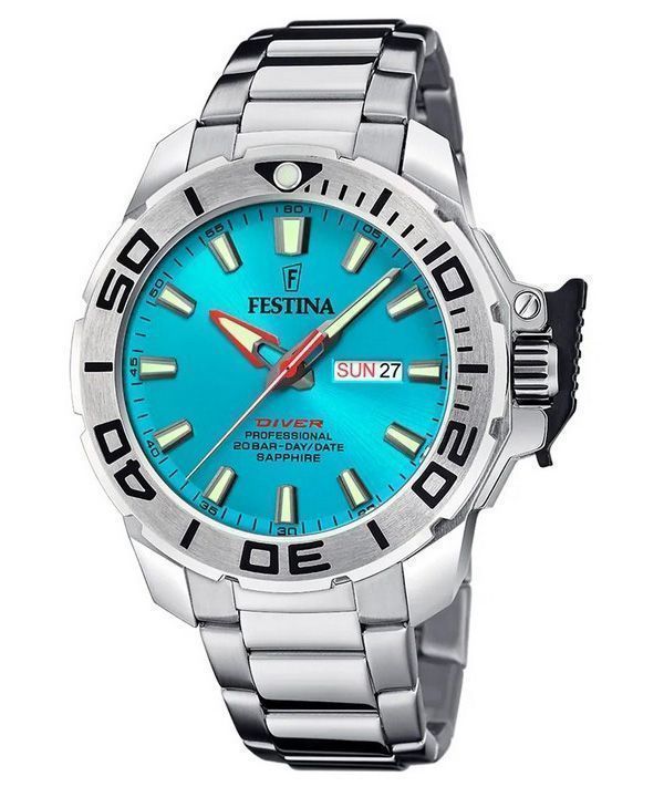 Festina Diver Edelstahl Türkis Zifferblatt Quarz F20665-6 200M Herrenuhr mit zusätzlichem Armband