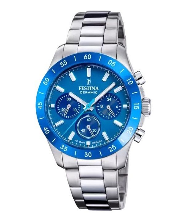 Festina Keramik Chronograph Edelstahl Blaues Zifferblatt Quarz F20693-4 100M Damenuhr