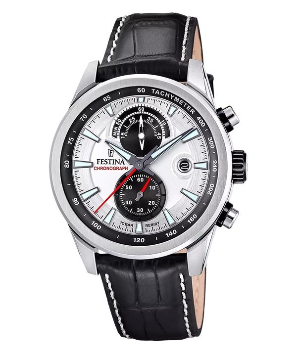 Festina Timeless Chronograph Lederarmband Silbernes Zifferblatt Quarz F20695-1 100M Herrenuhr