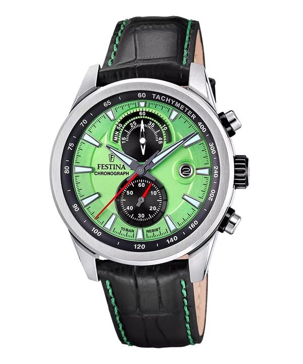 Festina Timeless Chronograph Lederarmband grünes Zifferblatt Quarz F20695-3 100M Herrenuhr