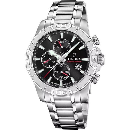 Festina Timeless Chronograph Edelstahl schwarzes Zifferblatt Quarz F20704-3 100M Herrenuhr