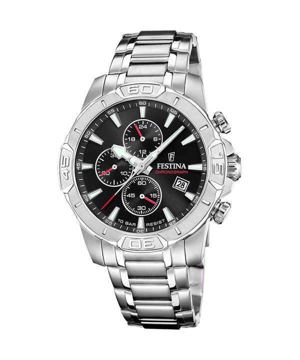 Festina Timeless Chronograph Edelstahl schwarzes Zifferblatt Quarz F20704-3 100M Herrenuhr