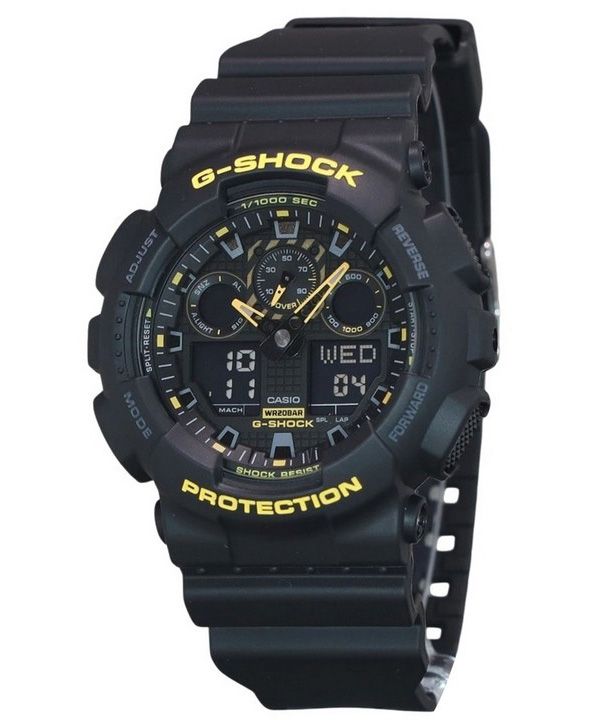 Casio G-Shock Caution Gelbes analoges digitales Harzarmband mit schwarzem Zifferblatt GA-100CY-1A 200M Herrenuhr