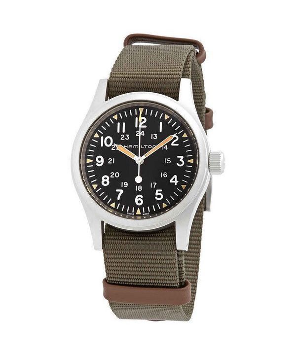 Hamilton Khaki Field Green Nylonarmband mit schwarzem Zifferblatt, mechanisch, H69439931, Herrenuhr