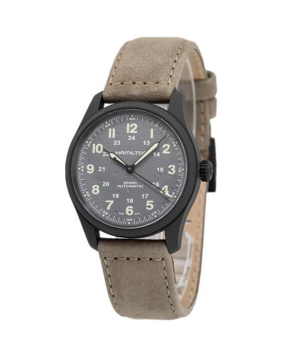 Hamilton Khaki Field Herrenuhr mit Titan-Lederarmband und grauem Zifferblatt, automatisch, H70215880, 100 m