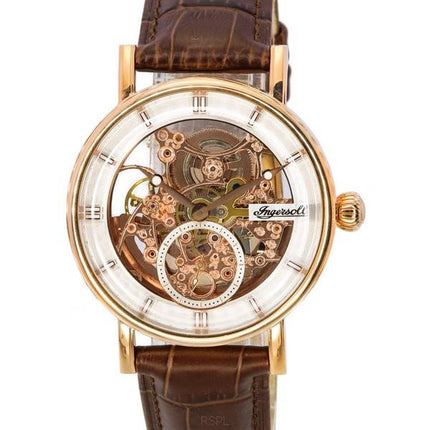 Ingersoll The Herald Automatik-Herrenuhr I00401B mit Lederarmband, roségoldenem Skelettzifferblatt