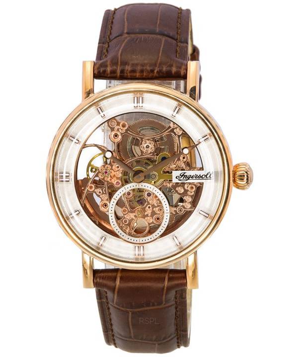 Ingersoll The Herald Automatik-Herrenuhr I00401B mit Lederarmband, roségoldenem Skelettzifferblatt