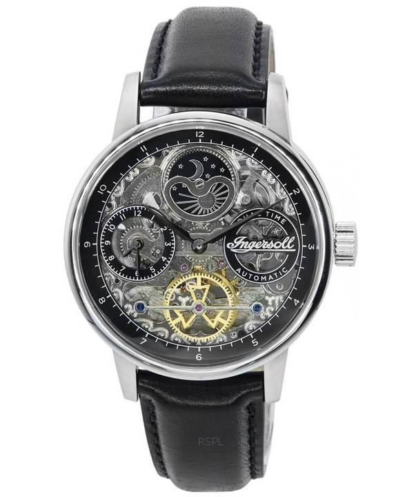 Ingersoll The Jazz Sun and Moon Phase Lederarmband Skelett Silber Zifferblatt Automatik I07701 Herrenuhr