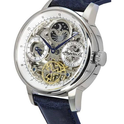 Ingersoll The Jazz Sun and Moon Phase Lederarmband Skelett Silber Zifferblatt Automatik I07702 Herrenuhr