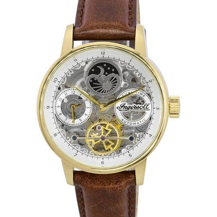 Ingersoll The Jazz Moon Phase Lederarmband Skelett Gold Zifferblatt Automatik I07704 Herrenuhr