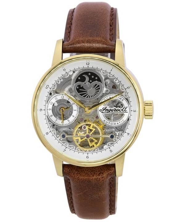 Ingersoll The Jazz Moon Phase Lederarmband Skelett Gold Zifferblatt Automatik I07704 Herrenuhr