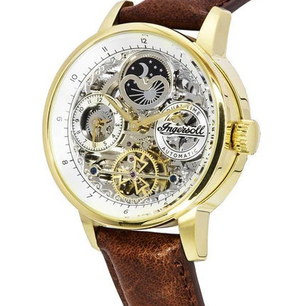 Ingersoll The Jazz Moon Phase Lederarmband Skelett Gold Zifferblatt Automatik I07704 Herrenuhr