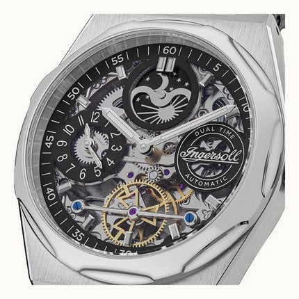 Ingersoll The Broadway Dual Time Automatik-Herrenuhr I12903 mit schwarzem Skelett-Zifferblatt