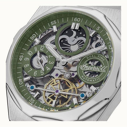 Ingersoll The Broadway Dual Time Automatik-Herrenuhr I12905 mit grünem Skelett-Zifferblatt