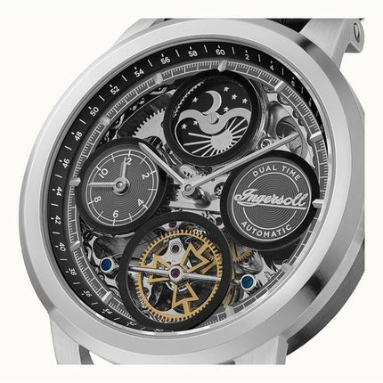 Ingersoll The Arc Mondphase Lederarmband Schwarzes Skelett-Zifferblatt Automatik I16001 Herrenuhr