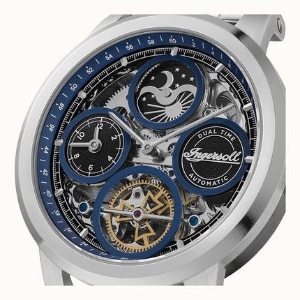 Ingersoll The Arc Mondphase Edelstahl Blaues Skelett-Zifferblatt Automatik I16003 Herrenuhr