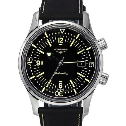 Longines Legend Diver Lederarmband, schwarzes Zifferblatt, automatische Herrenuhr L3.774.4.50.0 300M