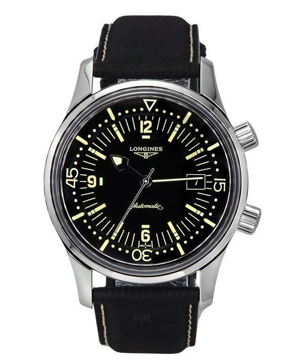 Longines Legend Diver Lederarmband, schwarzes Zifferblatt, automatische Herrenuhr L3.774.4.50.0 300M