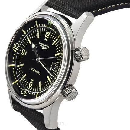 Longines Legend Diver Lederarmband, schwarzes Zifferblatt, automatische Herrenuhr L3.774.4.50.0 300M