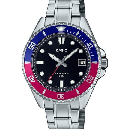 Casio Standard Analog Pepsi Lünette Edelstahl schwarzes Zifferblatt Quarz MDV-10D-1A3 Herrenuhr