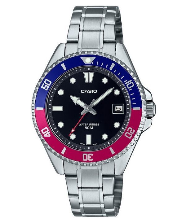 Casio Standard Analog Pepsi Lünette Edelstahl schwarzes Zifferblatt Quarz MDV-10D-1A3 Herrenuhr