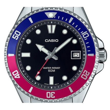 Casio Standard Analog Pepsi Lünette Edelstahl schwarzes Zifferblatt Quarz MDV-10D-1A3 Herrenuhr