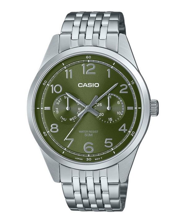 Casio Standard Analog Edelstahl grünes Zifferblatt Quarz MTP-E340D-3AV Herrenuhr