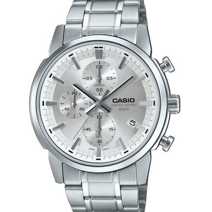 Casio Standard Analog Chronograph Edelstahl Silber Zifferblatt Quarz MTP-E510D-7AV Herrenuhr