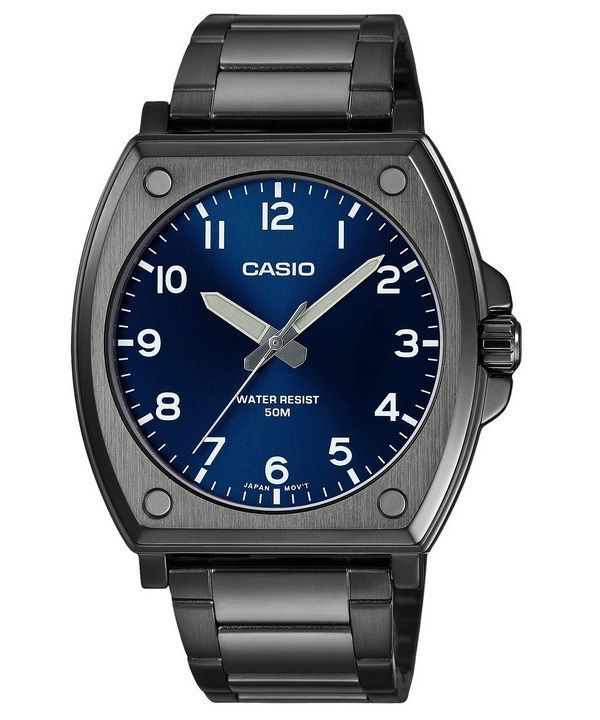 Casio Standard Analog schwarz ionenplattierter Edelstahl blaues Zifferblatt Quarz MTP-E730B-2AV Herrenuhr