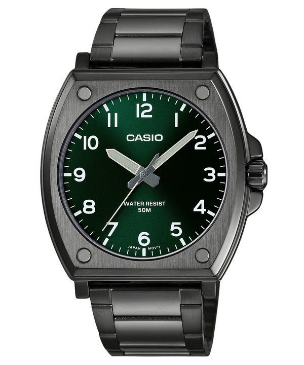 Casio Standard Analog schwarz ionenplattierter Edelstahl grünes Zifferblatt Quarz MTP-E730B-3AV Herrenuhr