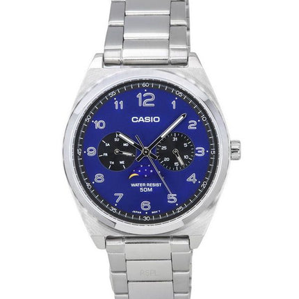 Casio Standard Analog Edelstahl Mondphase blaues Zifferblatt Quarz MTP-M300D-2A Herrenuhr