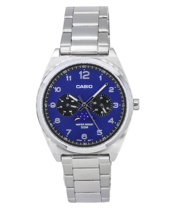 Casio Standard Analog Edelstahl Mondphase blaues Zifferblatt Quarz MTP-M300D-2A Herrenuhr