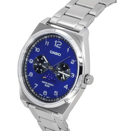 Casio Standard Analog Edelstahl Mondphase blaues Zifferblatt Quarz MTP-M300D-2A Herrenuhr