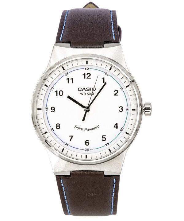 Casio Standard Herrenuhr mit analogem Lederarmband und weißem Zifferblatt, solarbetrieben, MTP-RS105L-7B