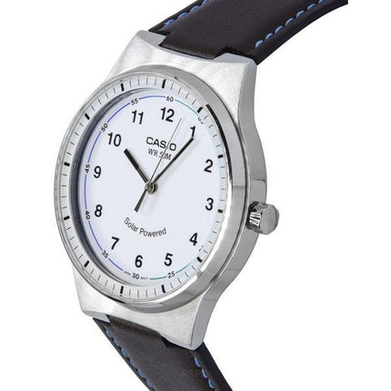 Casio Standard Herrenuhr mit analogem Lederarmband und weißem Zifferblatt, solarbetrieben, MTP-RS105L-7B