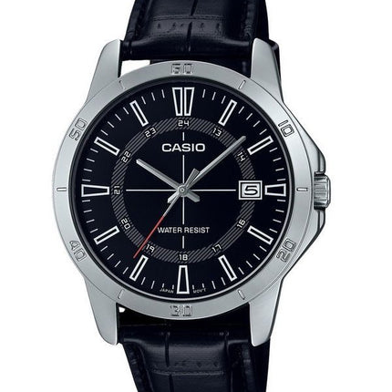 Casio Standard Herrenuhr mit analogem Lederarmband, schwarzem Zifferblatt und Quarzwerk MTP-V004L-1C