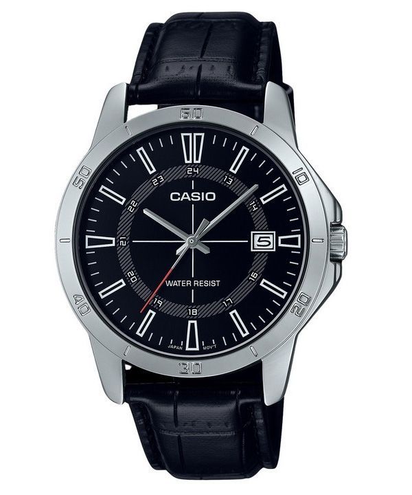 Casio Standard Herrenuhr mit analogem Lederarmband, schwarzem Zifferblatt und Quarzwerk MTP-V004L-1C