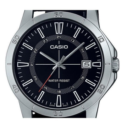 Casio Standard Herrenuhr mit analogem Lederarmband, schwarzem Zifferblatt und Quarzwerk MTP-V004L-1C