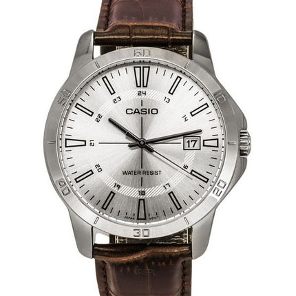 Casio Standard Analog Braunes Lederarmband Silbernes Zifferblatt Quarz MTP-V004L-7C Herrenuhr