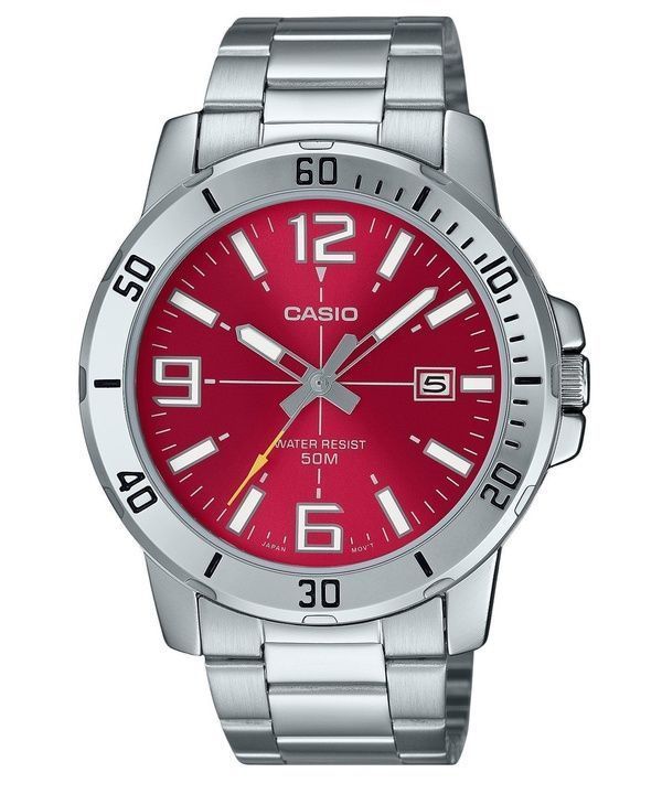 Casio Standard Analog Edelstahl Rotes Zifferblatt Quarz MTP-VD01D-4BV Herrenuhr