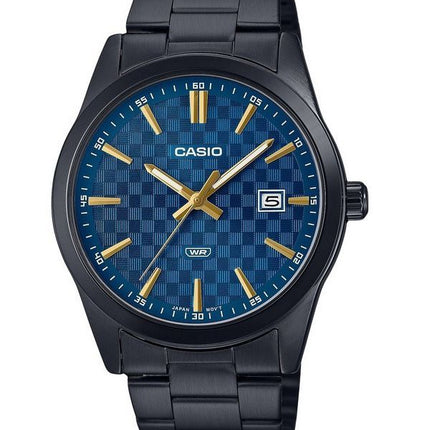 Casio Standard Herrenuhr, analog, schwarz ionenplattiert, Edelstahl, blaues Zifferblatt, Quarz, MTP-VD03B-2A