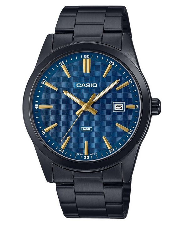 Casio Standard Herrenuhr, analog, schwarz ionenplattiert, Edelstahl, blaues Zifferblatt, Quarz, MTP-VD03B-2A