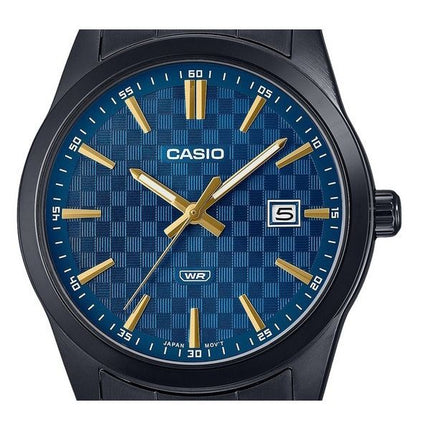 Casio Standard Herrenuhr, analog, schwarz ionenplattiert, Edelstahl, blaues Zifferblatt, Quarz, MTP-VD03B-2A