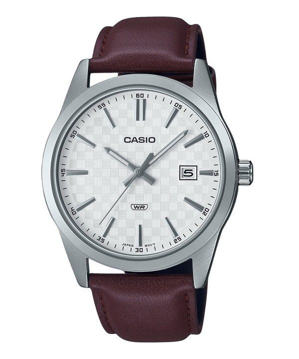 Casio Standard Herrenuhr mit analogem Lederarmband, weißem Zifferblatt und Quarzwerk MTP-VD03L-5A